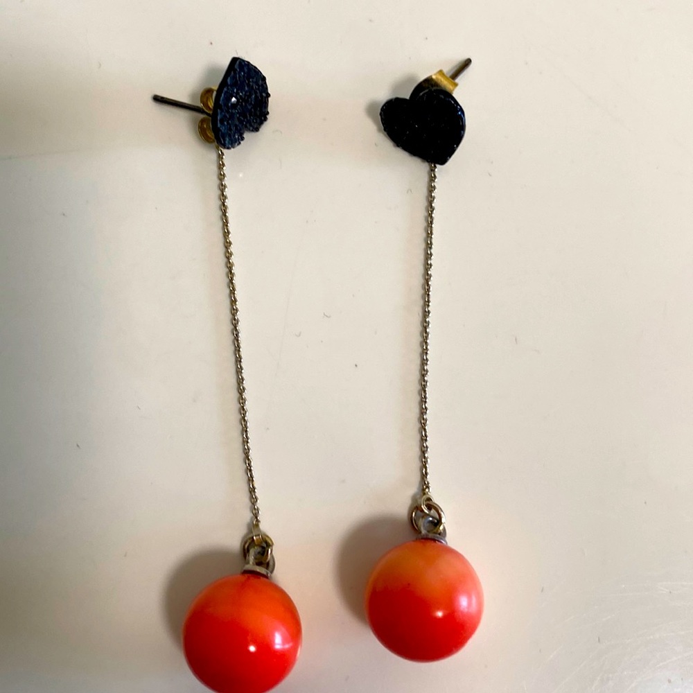 Coral Round Dangle Earrings. Gold Chain, Dangly Drops.